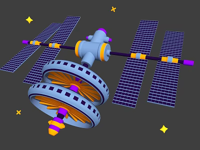 Cartoon Satellite Featuring Solar Panels Large Wheels And Stars Background 3d model
