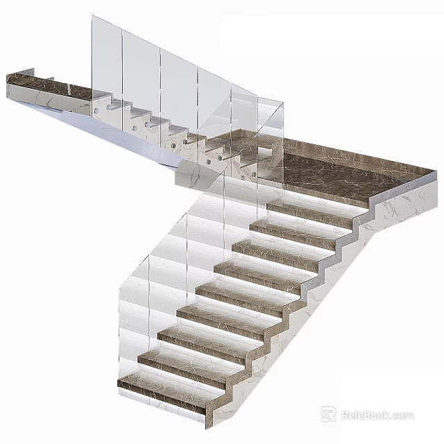 Elegant Modern Staircase Interior Design With Glass Railing And Marble Steps 3d model 