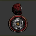 SpiderMan Themed Red And Black Spherical Figure With Central Emblem And Bottom Structure