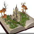 Magical Garden Plants in Open Book Scene With Castle Mushrooms Grass Flowers and Tree