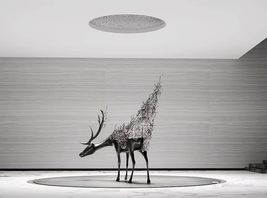 Modern Interior Deer Sculpture With Metallic Wire Abstract Design Gray Wall Round Ceiling Light 3d model 