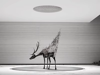 Modern Interior Deer Sculpture With Metallic Wire Abstract Design Gray Wall Round Ceiling Light 3d model