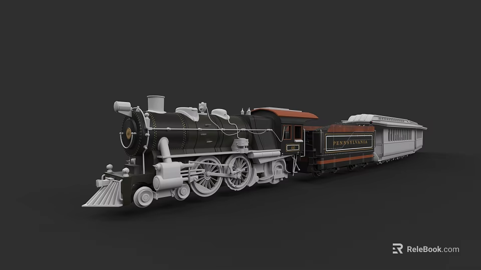 Vintage Steam Train Black And White Locomotive With Red Roof Palace Passenger Carriages 3d model 
