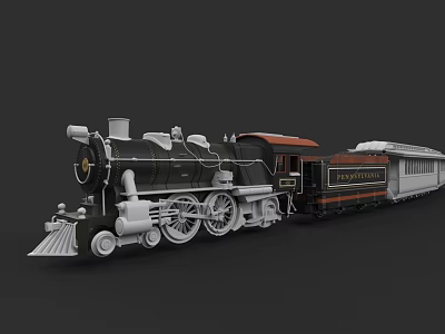 Vintage Steam Train Black And White Locomotive With Red Roof Palace Passenger Carriages 3d model