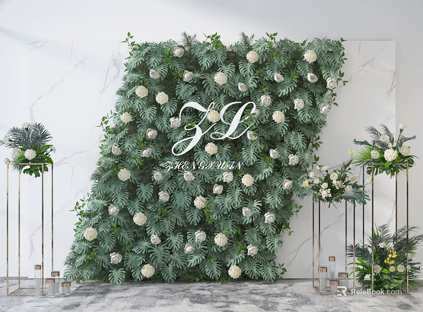 Decorative Green Plant Wall With White Flowers Marble Background And Golden Stand Decorations 3d model 