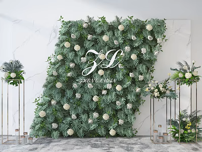 Decorative Green Plant Wall With White Flowers Marble Background And Golden Stand Decorations 3d model