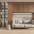 Modern Living Room Interior With Wooden Elements Large Screen TV And Floor to Ceiling Windows