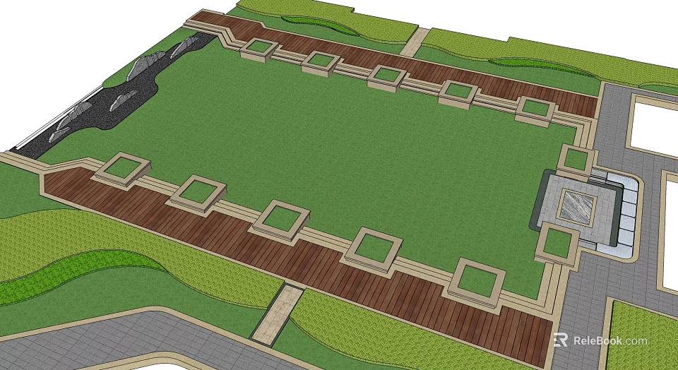 Flower And Plant Garden With Lush Green Grass Lawn Wooden Deck Square Planters Stone Path 3d model 