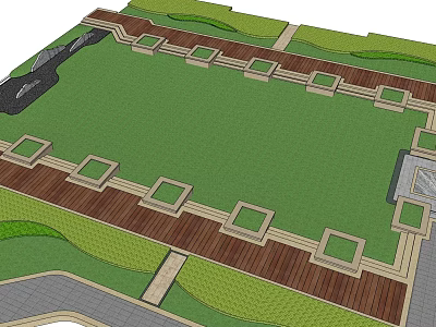 Flower And Plant Garden With Lush Green Grass Lawn Wooden Deck Square Planters Stone Path 3d model