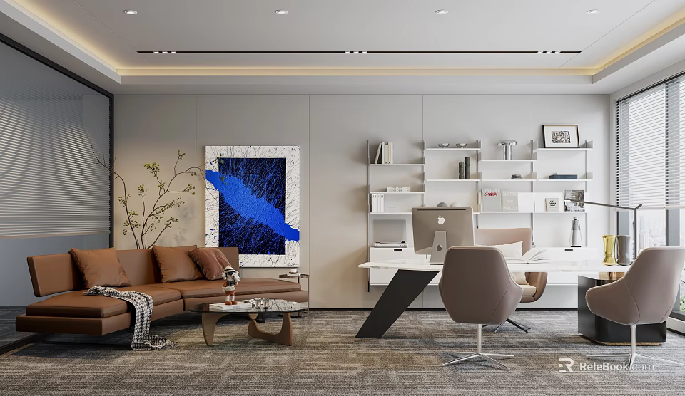 Modern Office Interior With Leather Sofa Bookshelves Work Desk Computer And Abstract Art 3d model 