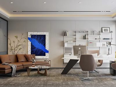 Modern Office Interior With Leather Sofa Bookshelves Work Desk Computer And Abstract Art 3d model