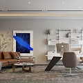 Modern Office Interior With Leather Sofa Bookshelves Work Desk Computer And Abstract Art