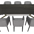 Modern Dark Wood Dining Table Set with Six Gray Chairs 3d model