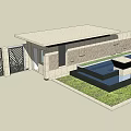 Modern Entrance Gate Design With Stone Wall Geometric Pattern And Courtyard Water Feature