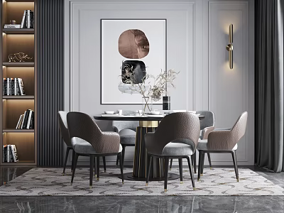 Modern Dining Table Set With Round Table Four Chairs Gold Legs And Abstract Painting 3d model