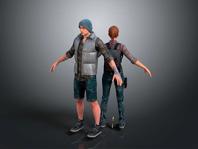 Two 3D Character Models With Different Outfits Standing Back to Back Arms Outstretched 3d model