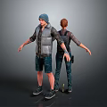 Two 3D Character Models With Different Outfits Standing Back to Back Arms Outstretched