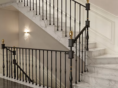 Elegant Modern Staircase Interior Design with Marble Steps Black Railings and Gold Accents 3d model