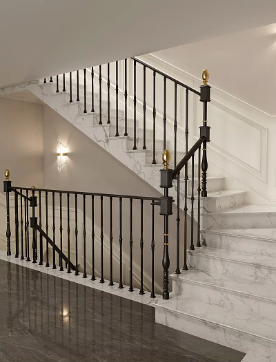 Elegant Modern Staircase Interior Design with Marble Steps Black Railings and Gold Accents 3d model