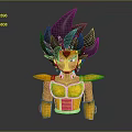3D Character Bust Sculpture With Spiky Black Hair Red Gem Headpiece Yellow Armor And Blue Accents