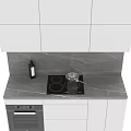 Modern White Kitchen Cabinets With Gray Marble Countertop And Black Appliances