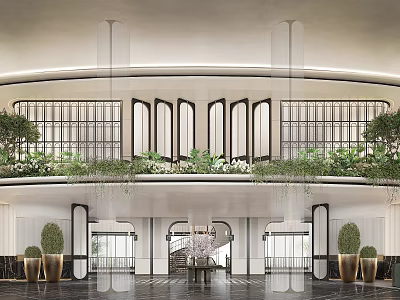 Luxurious Hotel Lobby Interior With Green Plants Marble Floor And Glass Doors 3d model