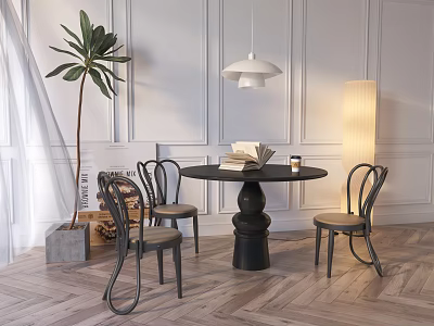 Modern Black Round Dining Table Set With Curved Chairs Green Plant And Floor Lamp 3d model