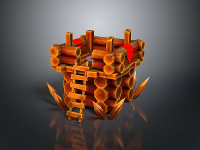 Detailed Wooden Log Fortress Structure With Ladder Red Cloth And Decorative Spikes 3d model
