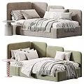 Modern Kids Bed With Upholstered Headboard Pastel Colors Striped Pillows And Soft Blanket