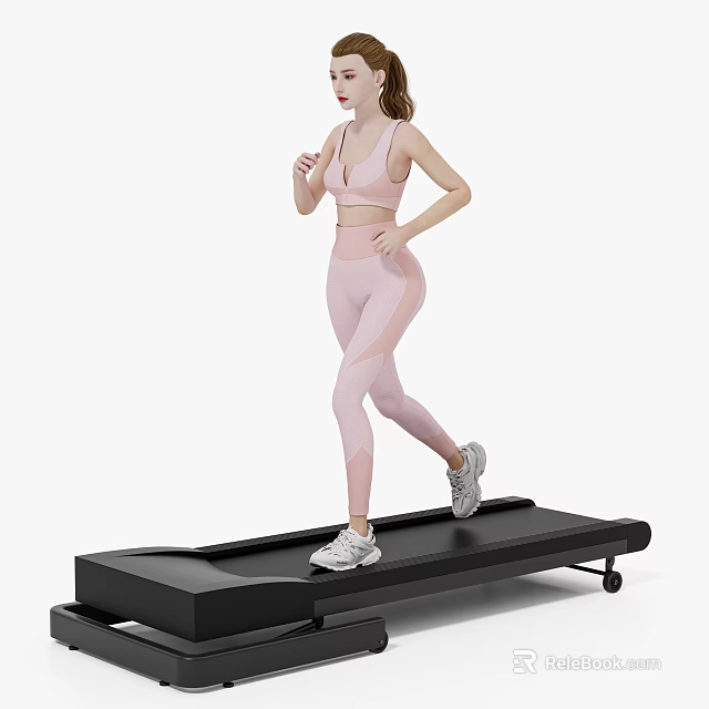 Fit Woman Running on Treadmill in Pink Sportswear with White Sneakers 3d model 