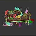 Ornate Decorative Sofa With Multiple Colorful Cats In Various Poses And Small Items