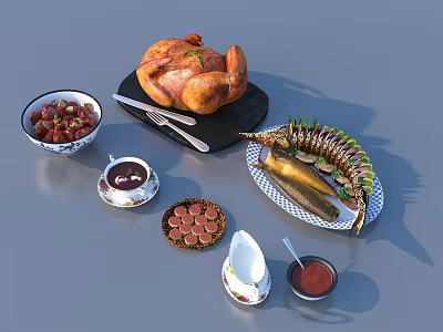 Delicious Assorted Food Platter With Roast Chicken Fish Sausages And Sauce 3d model