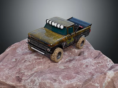 Vintage Pickup Truck on Rocky Terrain with Roof Lights and Off Road Tires 3d model
