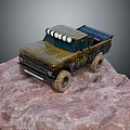 Vintage Pickup Truck on Rocky Terrain with Roof Lights and Off Road Tires