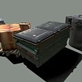 Assorted Discarded Junk Items Featuring Trash Cans Cardboard Boxes Tire and Pallet Debris