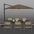 Outdoor Rattan Chairs With Wooden Dining Table And Beige Umbrella Set