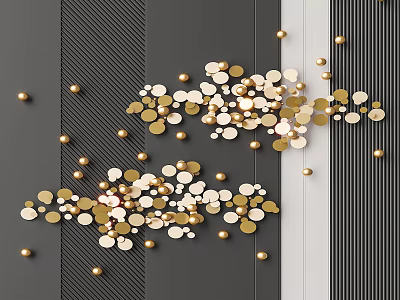 Gray Background Wall Decor With Gold White Circular Pieces Small Gold Beads And Black Stripes 3d model