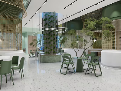 Elegant Modern Restaurant Interior With Green Plants Round Pendant Lights White Bar And Green Chairs 3d model