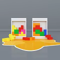 Interactive Area With White Frames Colorful Geometric Shapes Scattered Building Blocks And Orange Platform 3d model