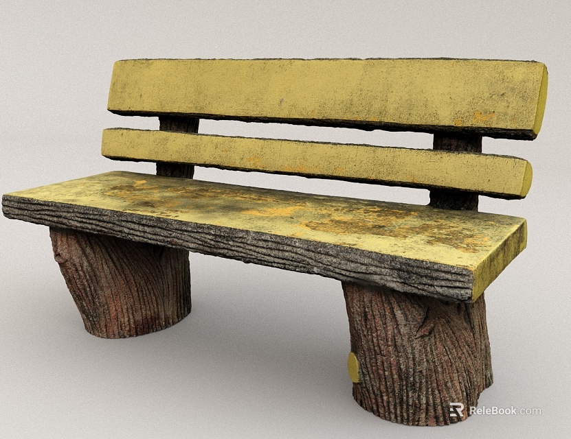 Rustic Natural Wooden Outdoor Bench with Tree Stump Legs and Slatted Seat Backrest 3d model 