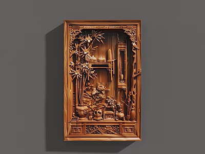 Traditional Chinese Wood Carving Sculpture with Bamboo Figures And Pavilion Design On Square Wooden Panel 3d model