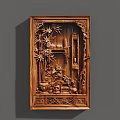 Traditional Chinese Wood Carving Sculpture with Bamboo Figures And Pavilion Design On Square Wooden Panel
