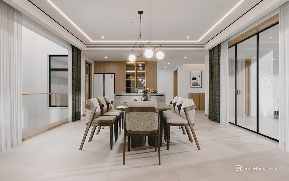 Modern Restaurant Interior Design With Dining Table Chairs Pendant Lights And Neutral Tones 3d model 