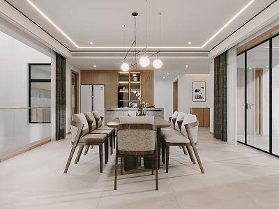 Modern Restaurant Interior Design With Dining Table Chairs Pendant Lights And Neutral Tones 3d model