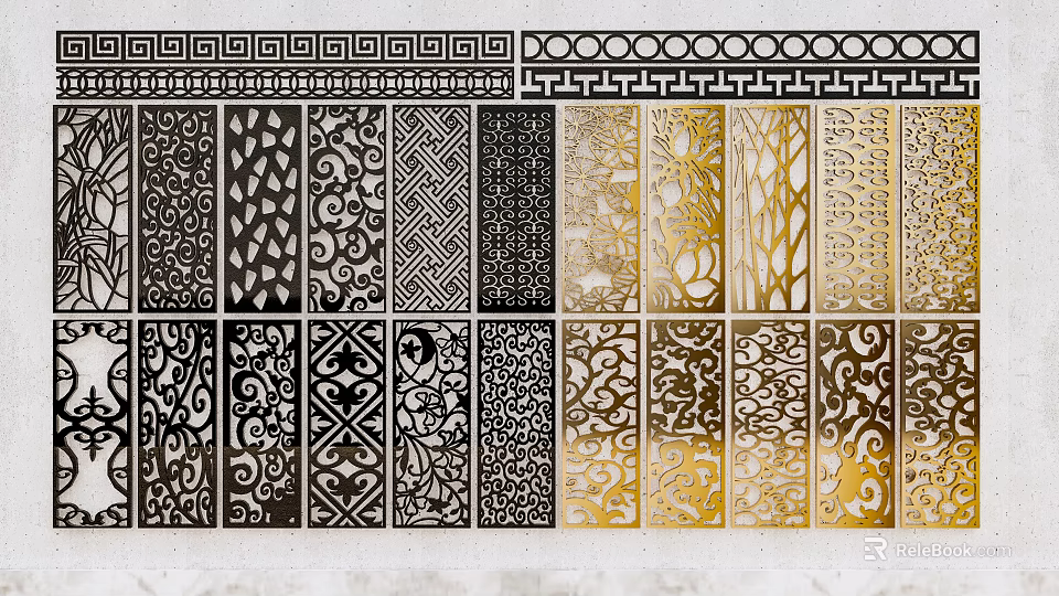 Decorative Room Dividers With Intricate Black And Gold Patterns 3d model 