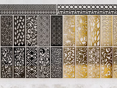 Decorative Room Dividers With Intricate Black And Gold Patterns 3d model