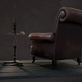 Vintage Leather Armchair On Green Wooden Mat With Side Table Candle Holder And Book