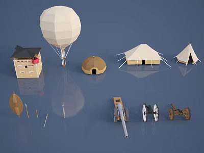 Vintage Tents Display with Round Tent Hot Air Balloon Small House Cannons and Carriage 3d model