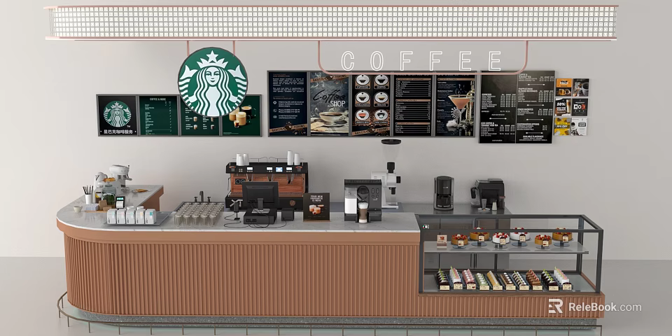 Modern Starbucks Coffee Bar With Menu Boards Coffee Machines And Pastries 3d model 