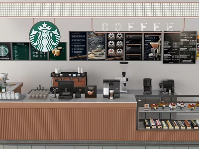 Modern Starbucks Coffee Bar With Menu Boards Coffee Machines And Pastries 3d model
